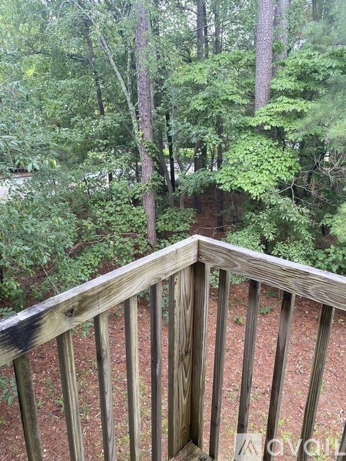 A wooden deck overlooks a forest.
