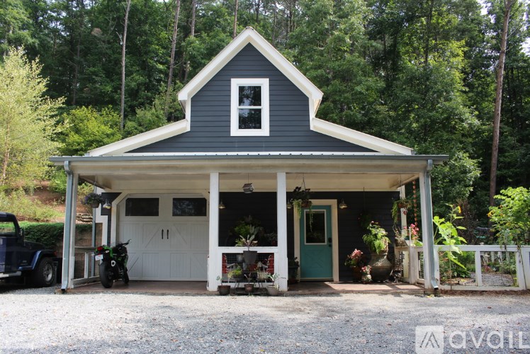 A small house with a white door and a green door is surrounded by trees.