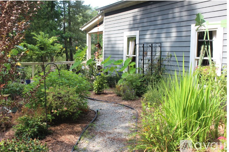 A garden with a gravel path leading to a house.