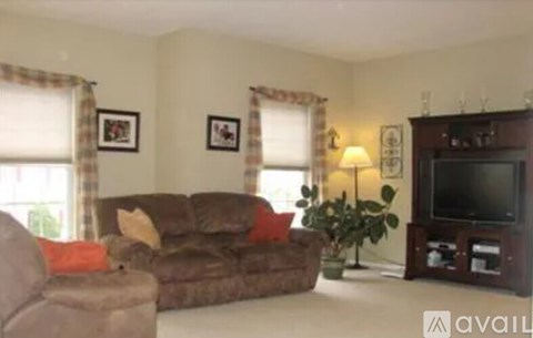 A living room with a brown couch and a television.