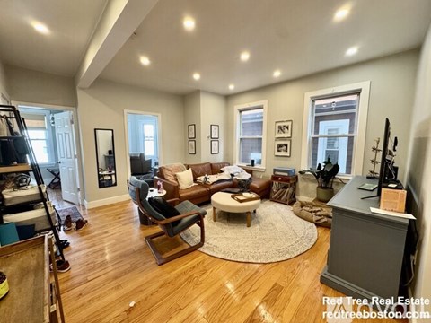 A living room with a brown couch and a white rug.