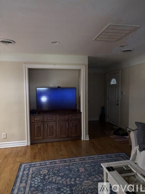 A living room with a television and a rug.