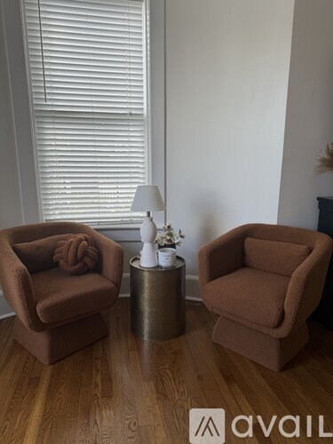 Two brown chairs are placed in a room with a lamp and a plant.