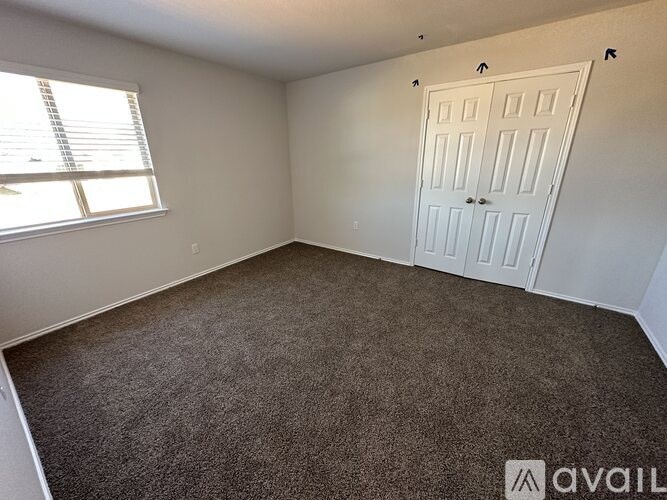 A room with a carpeted floor, a white door, and a window with blinds.