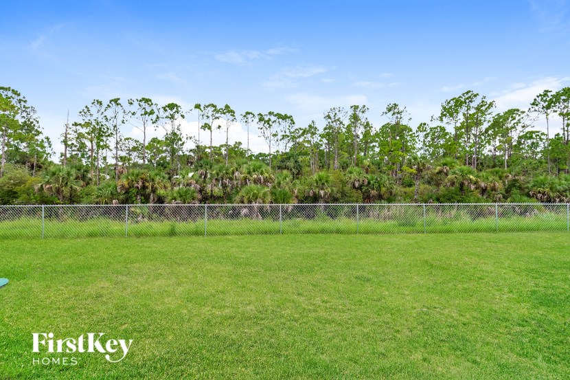 A grassy field with a fence and trees in the background.