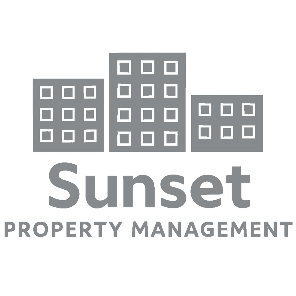 A logo for Sunset Property Management featuring three buildings.