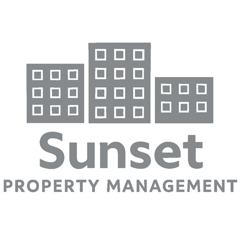 A logo for Sunset Property Management featuring three buildings.