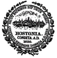 A black and white image of a seal with the text "BOSTONIA CONDITA AD 1630" written on it.