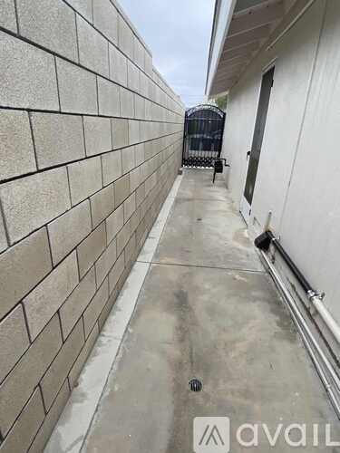 A narrow alley with a brick wall on one side and a metal gate on the other.