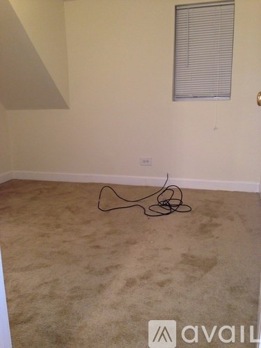 A room with a beige carpet and a window with blinds.