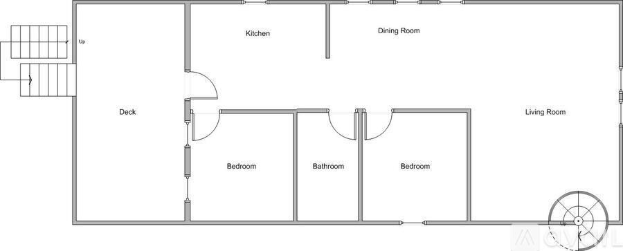 A floor plan of a house with a deck, two bedrooms, a bathroom, a living room, a kitchen, and a dining room.