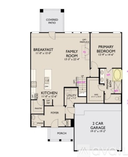 A floor plan of a house with a breakfast area, two bedrooms, a garage, and a covered patio.