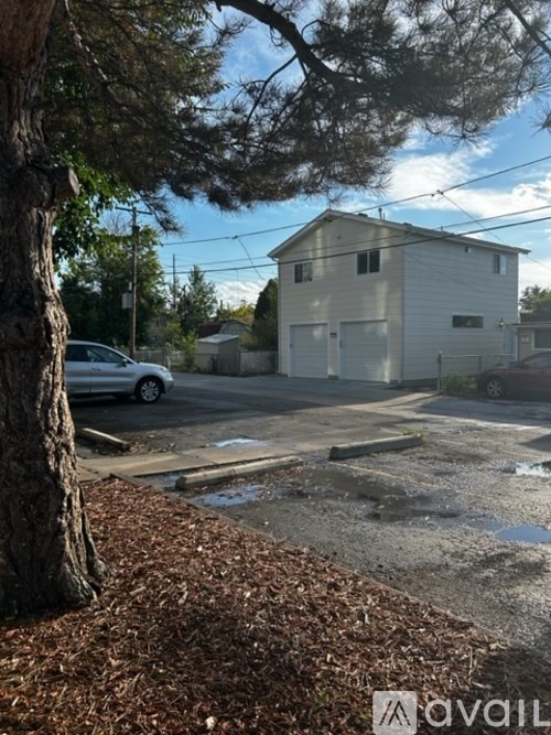 A tree is in front of a house.