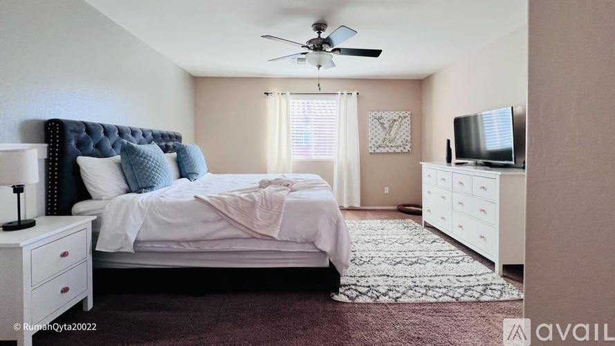 A bedroom with a large bed, a ceiling fan, and a television.