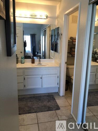 A bathroom with a white vanity and a mirror above it.