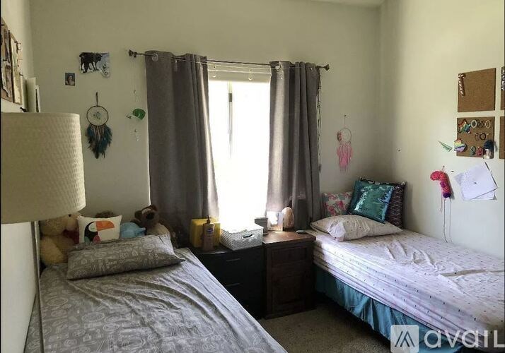 A bedroom with two beds, one with a grey comforter and the other with a blue comforter, a nightstand with a lamp, and dream catchers on the wall.