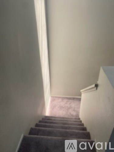 A staircase with a carpeted runner and a metal handrail.