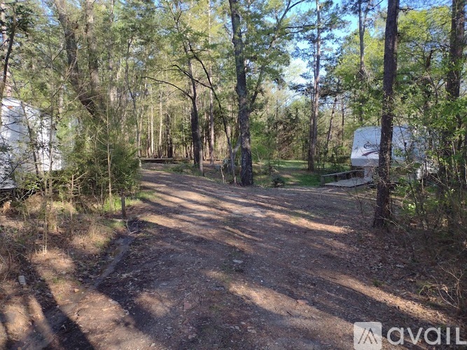 A dirt path in a wooded area with trees and a house in the background.