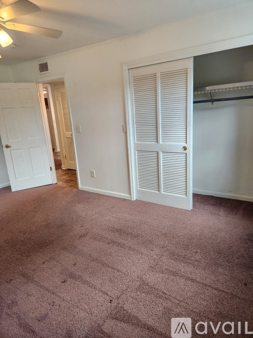 A room with a carpeted floor and a closet with white doors.