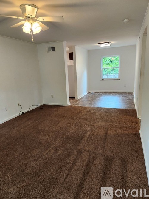 A room with brown carpeting and a ceiling fan.