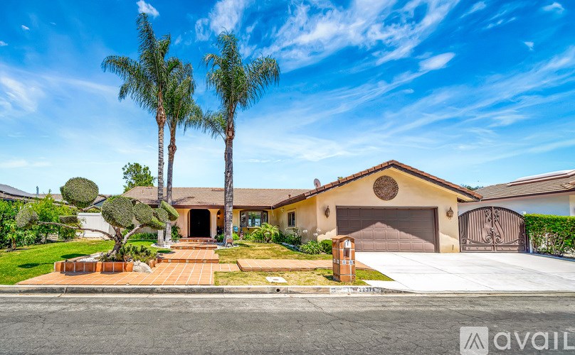 A house with a brown garage door and palm trees in front.
