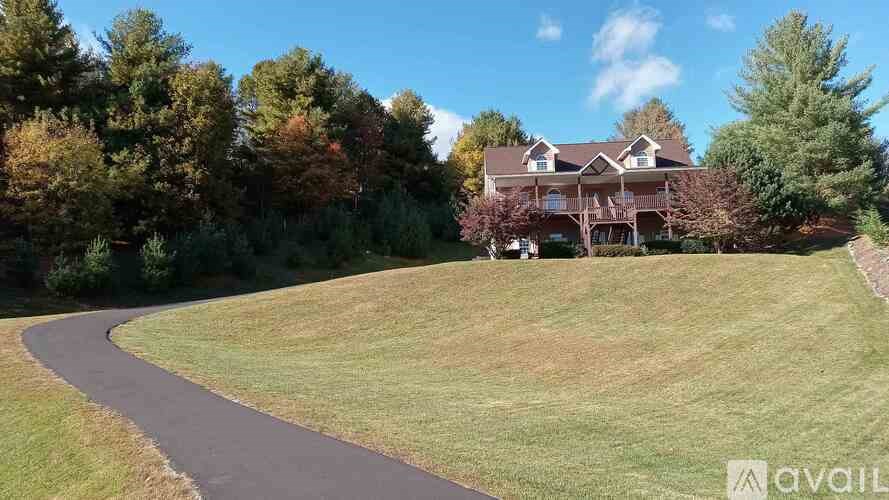A house with a driveway in front of it surrounded by trees.