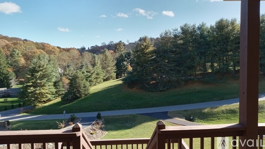 A view from a balcony overlooking a green valley with trees.