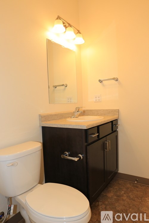 A bathroom with a toilet, sink, and mirror.