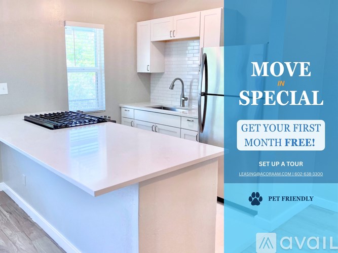 A kitchen with a promotion for a free first month.