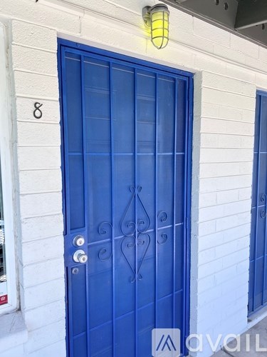 A blue door with a number 8 above it.