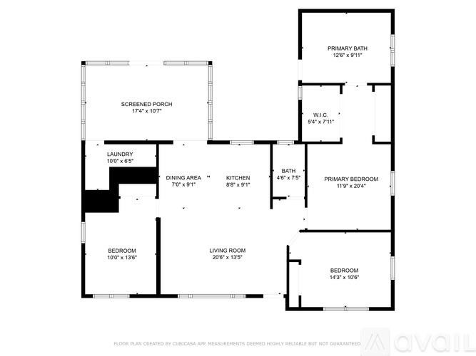 A floor plan for a home with a living room, two bedrooms, a laundry area, and a screened porch.