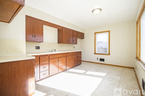 A kitchen with wooden cabinets and a window.