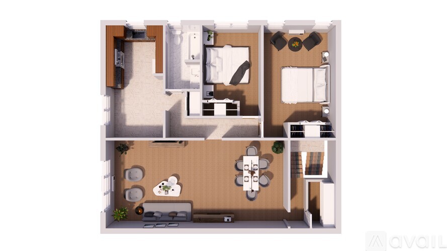 A floor plan of an apartment with a kitchen, living room, and two bedrooms.