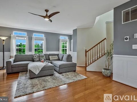 A living room with a grey couch and a rug.