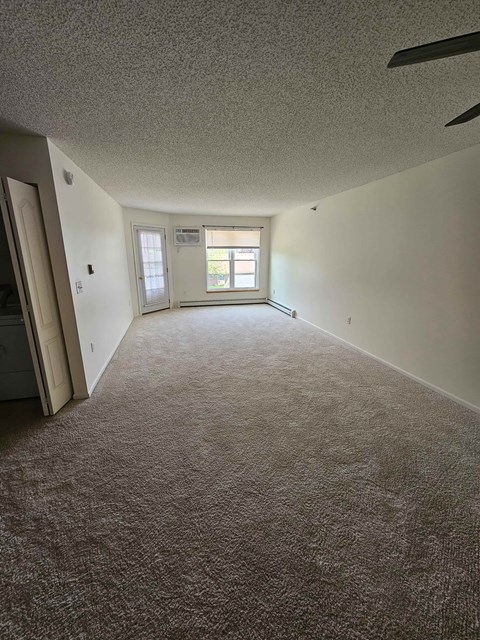 A room with a carpeted floor and a window.