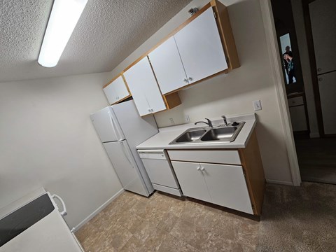 A kitchen with white cabinets and a sink.