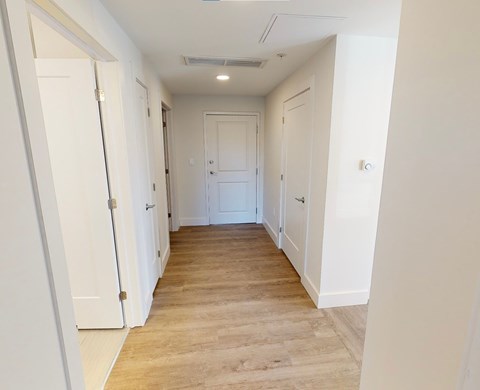A long, narrow hallway with white doors and wooden flooring.