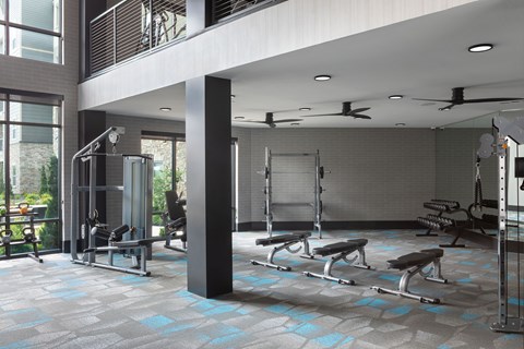 A gym with a variety of equipment including weights and benches.