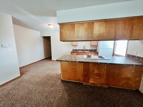 an empty kitchen with wooden cabinets and a counter top