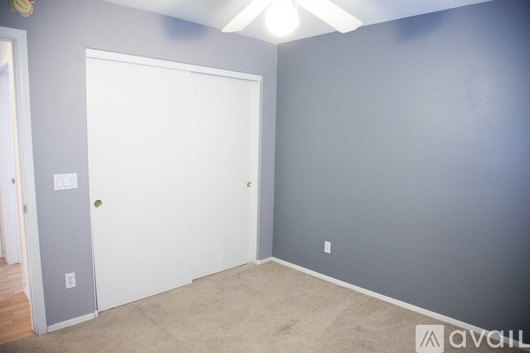 A room with a white door and carpeted floor.