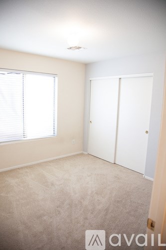 A room with a carpeted floor, a white door, and a window with blinds.
