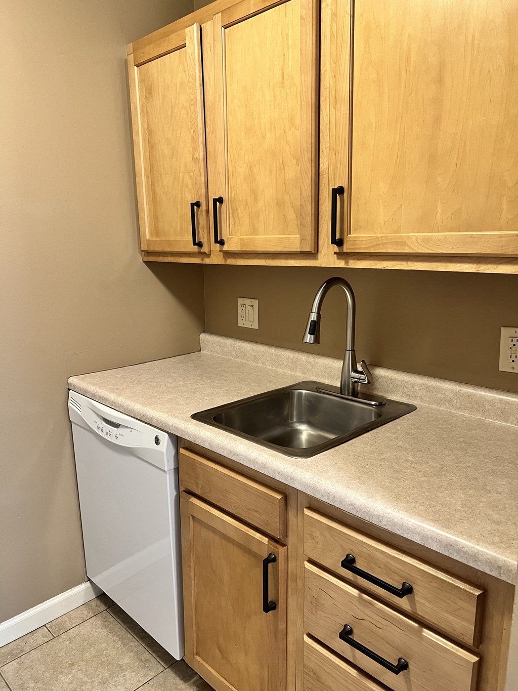 an empty kitchen with a sink and a dishwasher