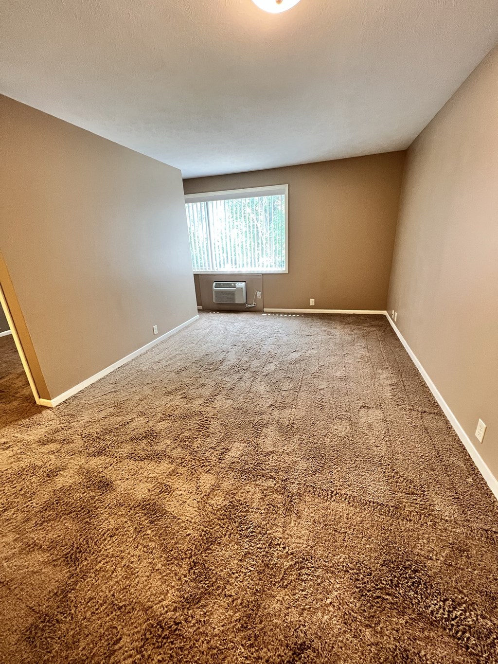 an empty living room with carpet and a window