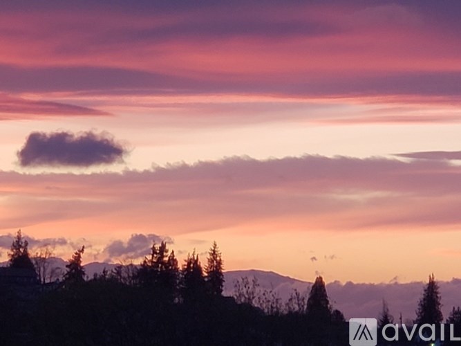 A beautiful landscape with trees and mountains under a colorful sky.