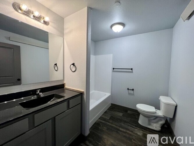 A bathroom with a toilet, sink, and mirror.