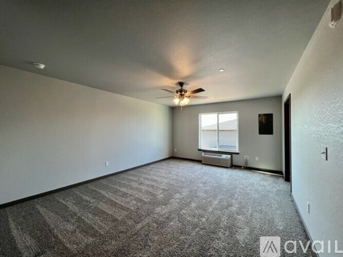 A spacious room with a carpeted floor and a ceiling fan.