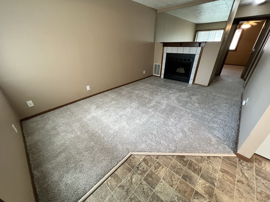 a living room with a carpeted floor and a fireplace