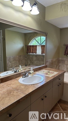 A bathroom with a sink, mirror, and cabinetry.