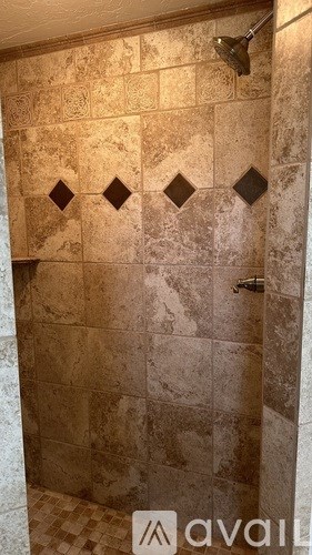 A shower with a tile design and a shower head.
