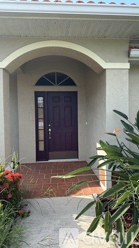 A dark brown door is set in a white archway.